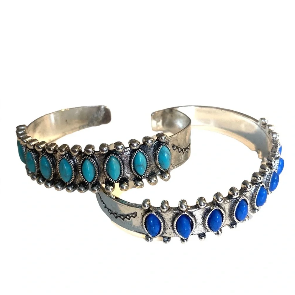 TIBETAN ETCHED SILVER BRACELET W/TURQUOISE /BLUE AGATE/ CORAL/OPAL STONES - Picture 5 of 12